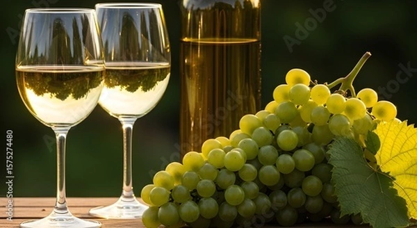 Obraz White Wine Bottle and Two Glasses with Fresh Green Grapes
Elegant Setting with White Wine, Grapes, and Sunlight
Refreshing White Wine with a Cluster of Ripe Green Grapes
