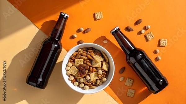 Fototapeta Two beer bottles and a snack bowl are displayed on table