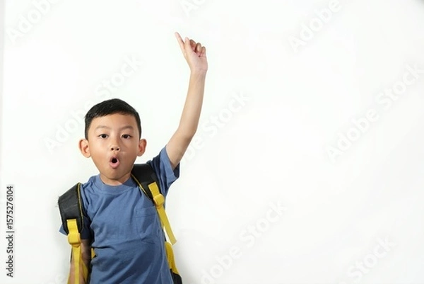Obraz Young school boy pointing up with surprised facial expression. Captures curiosity, discovery and excitement about learning.