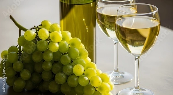 Obraz White Wine Bottle and Two Glasses with Fresh Green Grapes
Elegant Setting with White Wine, Grapes, and Sunlight
Refreshing White Wine with a Cluster of Ripe Green Grapes