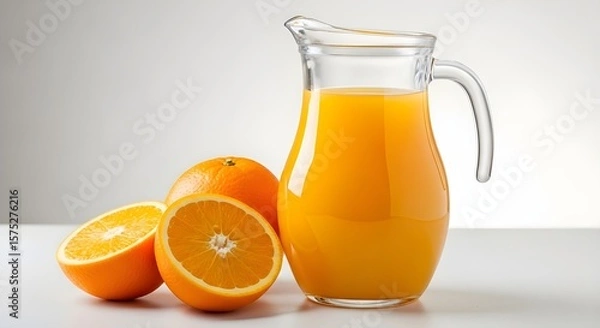 Obraz Fresh Orange Juice in a Glass Pitcher with Whole and Halved Oranges
Refreshing Citrus Drink: Pure Orange Juice and Fresh Oranges
Vibrant Orange Juice Ready to Serve with Ripe Citrus Fruits