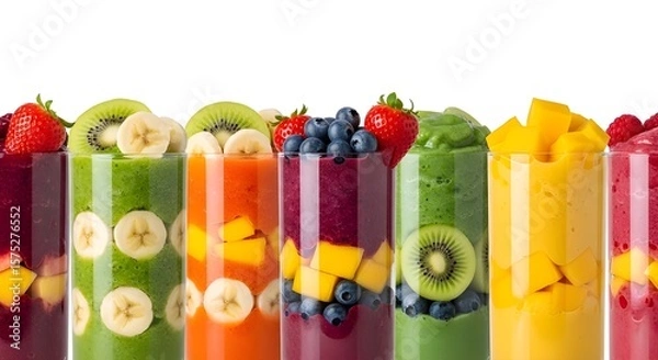 Obraz Vibrant Fruit Smoothies and Salads in Cups with Straws,
Colorful Layers of Fresh Mango, Kiwi, Strawberry, and Orange