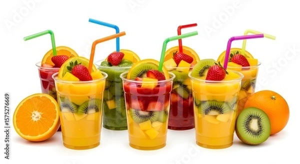 Obraz Vibrant Fruit Smoothies and Salads in Cups with Straws,
Colorful Layers of Fresh Mango, Kiwi, Strawberry, and Orange