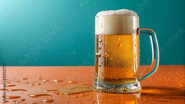Fototapeta A mug of beer with foam sits on a wet table