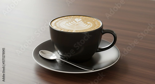 Fototapeta A black cup of latte art sits on a saucer with a spoon, on a dark wooden surface.