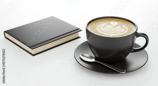 Fototapeta A cup of latte with artistic foam design beside a closed book on a white surface.
