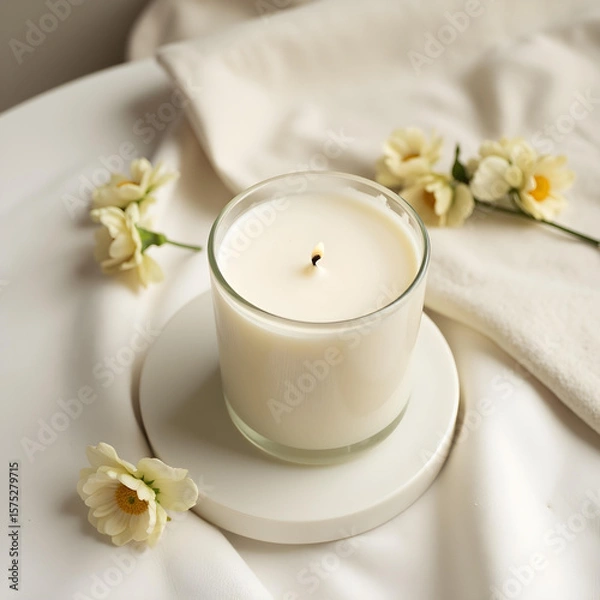 Obraz white candle in minimalist style home setting. Clean and aesthetic, self care, balanced wellness vibe. Calm, chill, relaxing, zen vibe with flower and sunlight. self care, meditation, lifestyle.