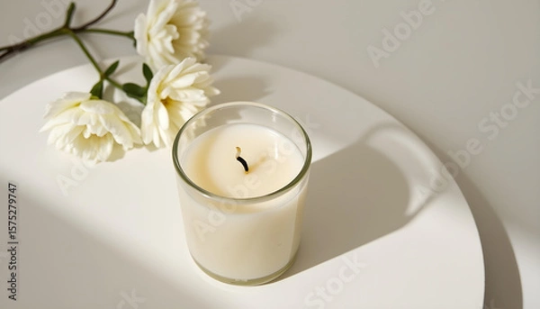 Obraz white candle in minimalist style home setting. Clean and aesthetic, self care, balanced wellness vibe. Calm, chill, relaxing, zen vibe with flower and sunlight. self care, meditation, lifestyle.