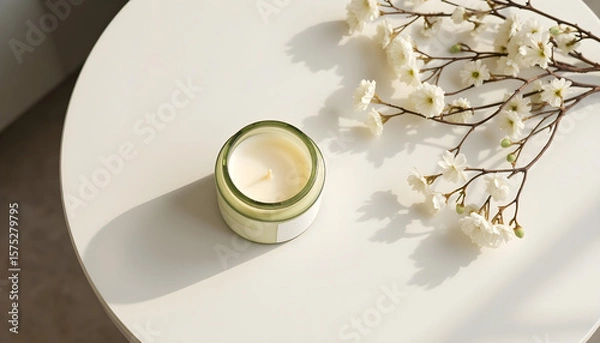 Obraz white candle in minimalist style home setting. Clean and aesthetic, self care, balanced wellness vibe. Calm, chill, relaxing, zen vibe with flower and sunlight. self care, meditation, lifestyle.