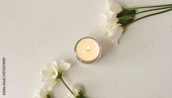 Obraz white candle in minimalist style home setting. Clean and aesthetic, self care, balanced wellness vibe. Calm, chill, relaxing, zen vibe with flower and sunlight. self care, meditation, lifestyle.