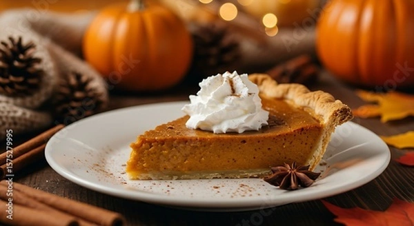 Fototapeta A close-up shot of a slice of pumpkin pie, perfectly flaky crust, topped with a dollop of whipped cream and a sprinkle of cinnamon. Soft, warm backlight highlighting the textures. 