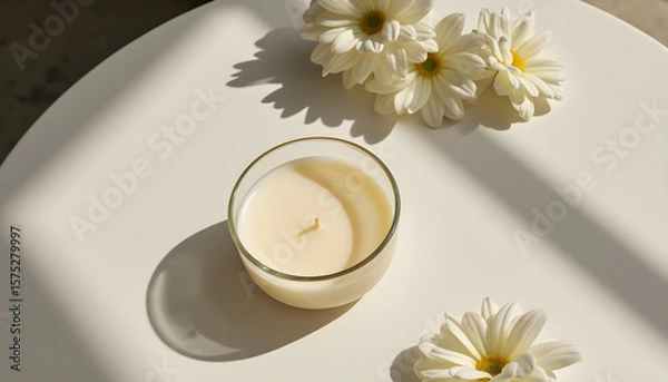 Obraz white candle in minimalist style home setting. Clean and aesthetic, self care, balanced wellness vibe. Calm, chill, relaxing, zen vibe with flower and sunlight. self care, meditation, lifestyle.