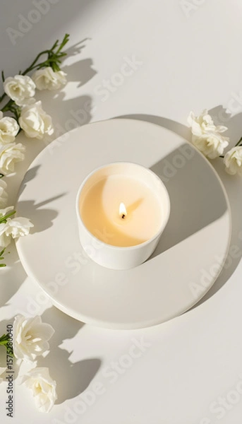 Obraz white candle in minimalist style home setting. Clean and aesthetic, self care, balanced wellness vibe. Calm, chill, relaxing, zen vibe with flower and sunlight. self care, meditation, lifestyle.