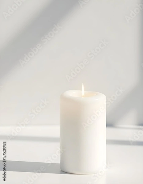 Obraz white candle in minimalist style home setting. Clean and aesthetic, self care, balanced wellness vibe. Calm, chill, relaxing, zen vibe with flower and sunlight. self care, meditation, lifestyle.