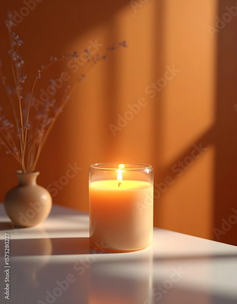 Obraz white candle in minimalist style home setting. Clean and aesthetic, self care, balanced wellness vibe. Calm, chill, relaxing, zen vibe with flower and sunlight. self care, meditation, lifestyle.