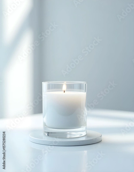 Obraz white candle in minimalist style home setting. Clean and aesthetic, self care, balanced wellness vibe. Calm, chill, relaxing, zen vibe with flower and sunlight. self care, meditation, lifestyle.
