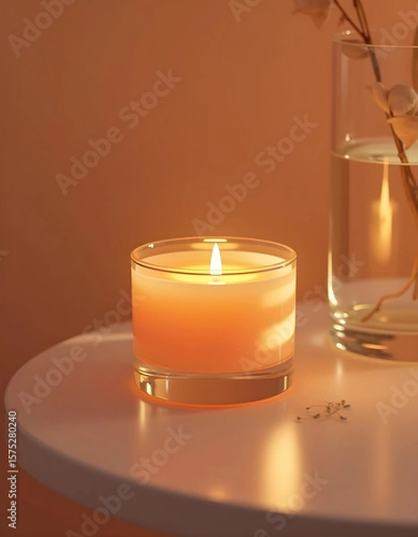 Obraz white candle in minimalist style home setting. Clean and aesthetic, self care, balanced wellness vibe. Calm, chill, relaxing, zen vibe with flower and sunlight. self care, meditation, lifestyle.