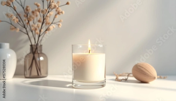 Obraz white candle in minimalist style home setting. Clean and aesthetic, self care, balanced wellness vibe. Calm, chill, relaxing, zen vibe with flower and sunlight. self care, meditation, lifestyle.