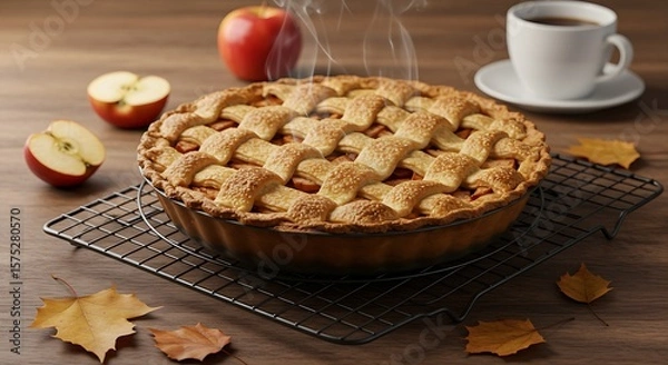 Fototapeta A rustic, freshly baked apple pie with a lattice top crust, still steaming, cooling on a wire rack with a red apple and autumn leaves in the blurred background, emphasizing warmth and homemade goodnes