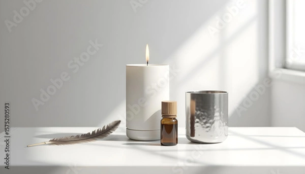 Obraz white candle in minimalist style home setting. Clean and aesthetic, self care, balanced wellness vibe. Calm, chill, relaxing, zen vibe with flower and sunlight. self care, meditation, lifestyle.