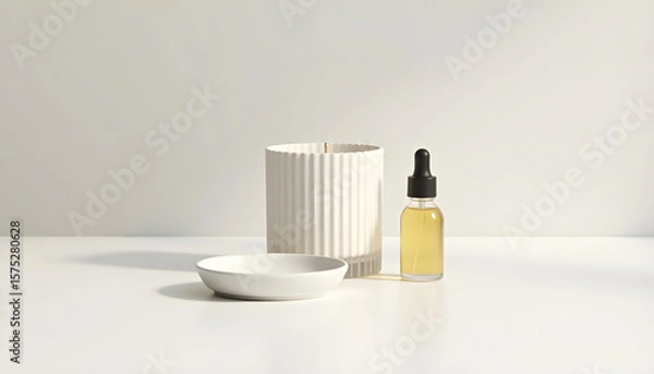 Obraz white candle in minimalist style home setting. Clean and aesthetic, self care, balanced wellness vibe. Calm, chill, relaxing, zen vibe with flower and sunlight. self care, meditation, lifestyle.