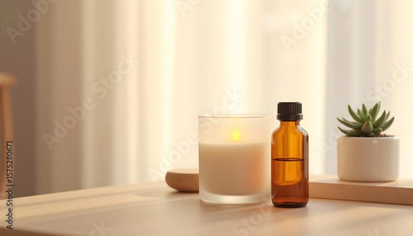 Obraz white candle in minimalist style home setting. Clean and aesthetic, self care, balanced wellness vibe. Calm, chill, relaxing, zen vibe with flower and sunlight. self care, meditation, lifestyle.