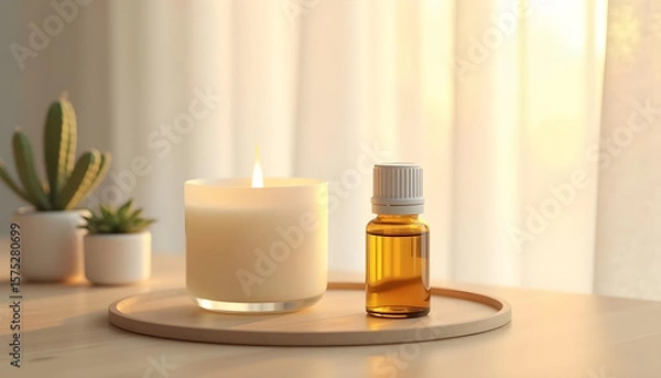 Obraz white candle in minimalist style home setting. Clean and aesthetic, self care, balanced wellness vibe. Calm, chill, relaxing, zen vibe with flower and sunlight. self care, meditation, lifestyle.