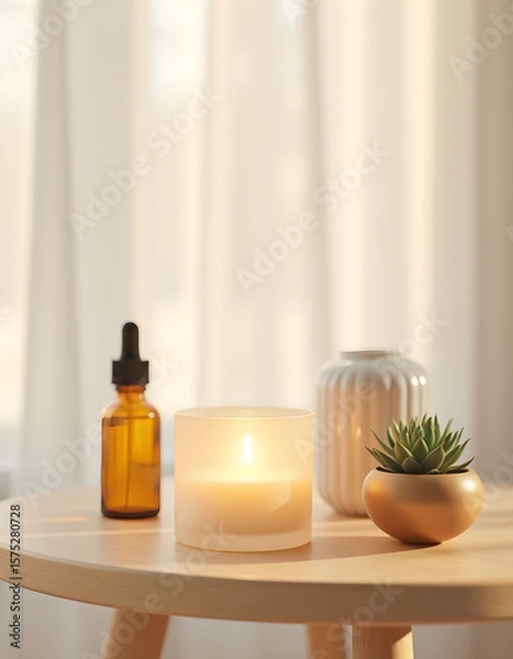 Obraz white candle in minimalist style home setting. Clean and aesthetic, self care, balanced wellness vibe. Calm, chill, relaxing, zen vibe with flower and sunlight. self care, meditation, lifestyle.