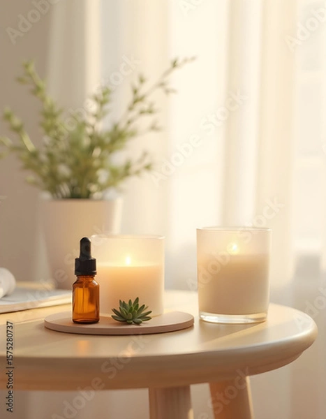 Obraz white candle in minimalist style home setting. Clean and aesthetic, self care, balanced wellness vibe. Calm, chill, relaxing, zen vibe with flower and sunlight. self care, meditation, lifestyle.