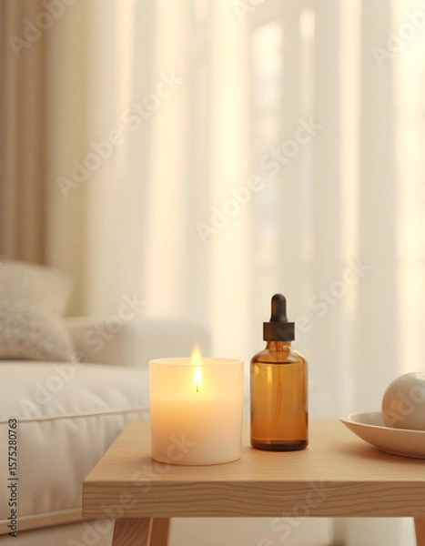 Obraz white candle in minimalist style home setting. Clean and aesthetic, self care, balanced wellness vibe. Calm, chill, relaxing, zen vibe with flower and sunlight. self care, meditation, lifestyle.
