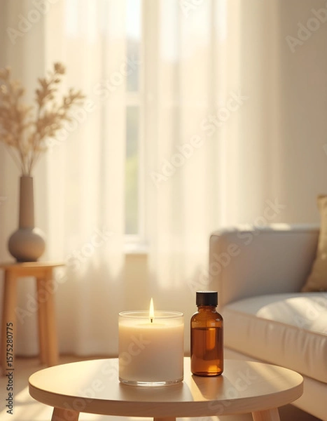Obraz white candle in minimalist style home setting. Clean and aesthetic, self care, balanced wellness vibe. Calm, chill, relaxing, zen vibe with flower and sunlight. self care, meditation, lifestyle.