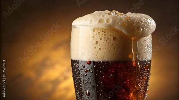 Fototapeta A closeup of a glass of beer with overflowing foam