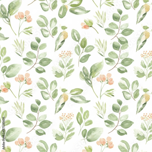 Fototapeta Delicate Botanical Composition: A pattern of elegant watercolor botanical illustration with gentle hues and organic arrangement, providing a serene aesthetic appeal.