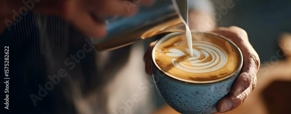 Obraz barista pouring latte art, barista pouring latte art close-up, barista pouring latte art swirl in natural light close-up, barista action close-up,

