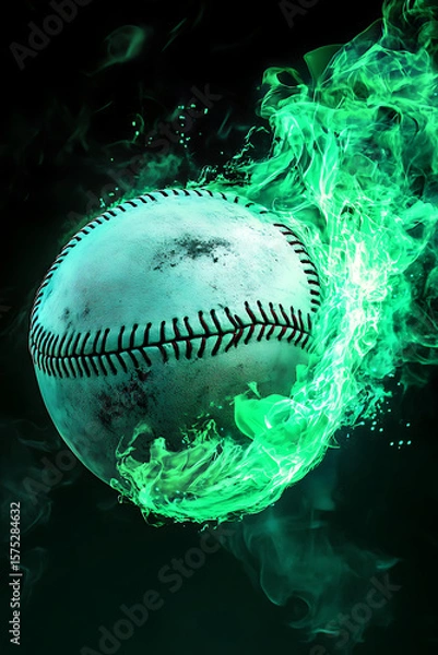 Obraz A dynamic baseball engulfed in vibrant green flames, symbolizing energy and motion
