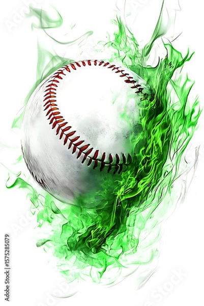 Obraz A dynamic baseball surrounded by vibrant green flames, symbolizing energy and motion