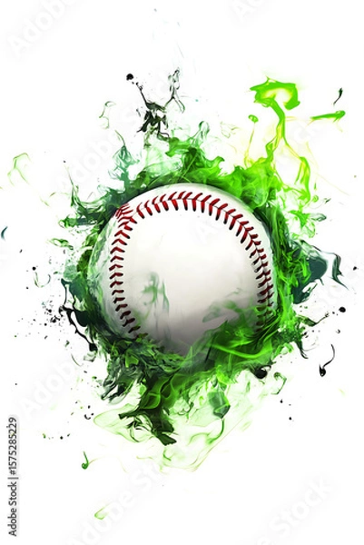 Obraz A dynamic baseball surrounded by vibrant green splashes of paint, symbolizing energy and excitement