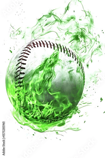 Obraz A dynamic baseball surrounded by vibrant green flames, symbolizing energy and motion (1)