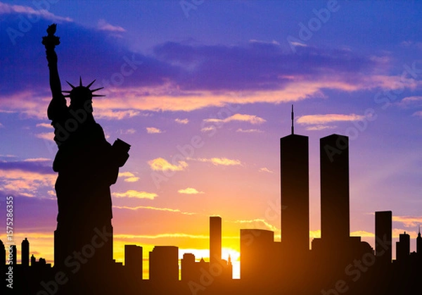 Obraz New York skyline silhouette with Towers and Statue of Liberty against the sunset. Patriot Day banner. 9.11.2001