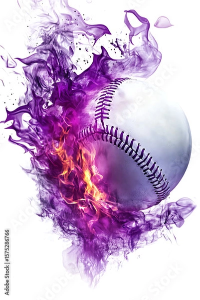 Obraz A dynamic baseball surrounded by vibrant purple and orange smoke, symbolizing energy and motion