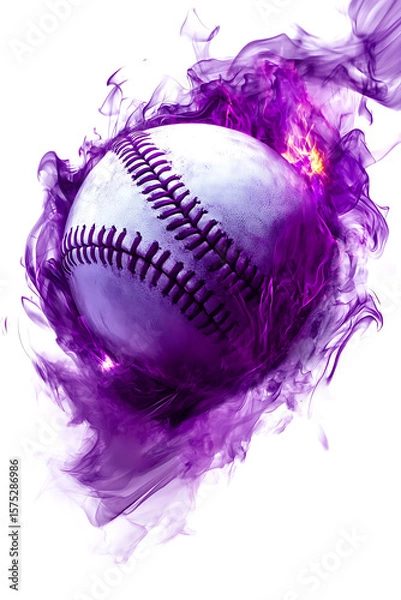 Obraz A dynamic baseball surrounded by swirling purple smoke, showcasing motion and energy