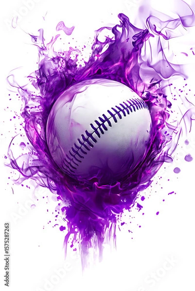Obraz A dynamic baseball bursts through vibrant purple splashes, symbolizing energy and excitement