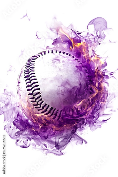 Obraz A dynamic baseball engulfed in vibrant purple smoke and flames, showcasing energy and motion