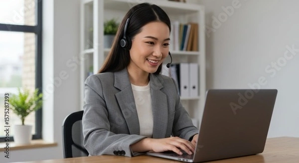Obraz A smiling Asian woman in a grey blazer uses a headset and laptop at a desk in a bright office