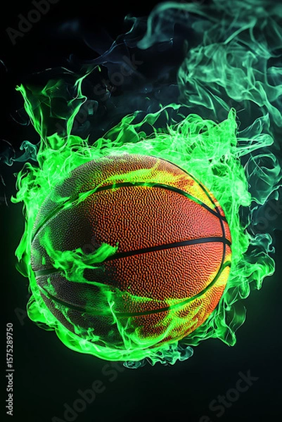 Obraz A glowing green basketball surrounded by vibrant smoke, set against a dark background, emphasizing energy