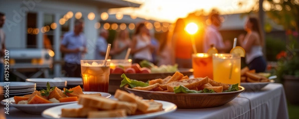 Fototapeta Casual outdoor catering setup with plates of sandwiches, fresh vegetables, and refreshing drinks during warm sunset gathering
