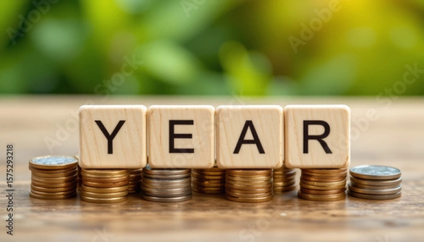 Fototapeta Year word on wooden blocks with coin stacks on wooden table with green background, symbolizing financial growth and saving