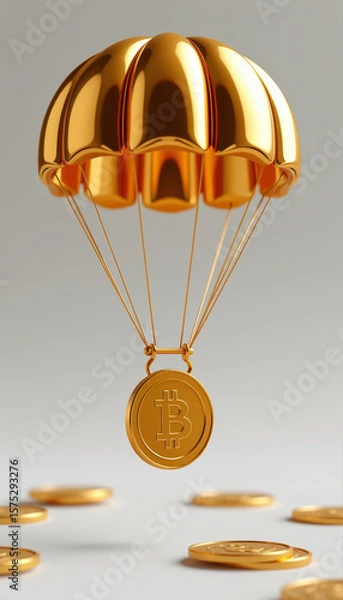 Fototapeta Golden bitcoin coin descending with parachute, symbolizing safe cryptocurrency delivery and financial security in digital currency market