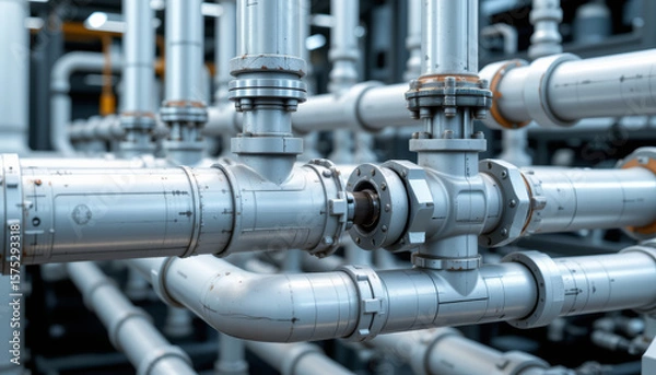 Fototapeta Futuristic industrial pipe system with metal joints and connectors, showing detailed closeup of complex plumbing network in factory setting