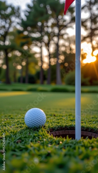 Fototapeta Golf ball near hole on putting green with flagstick and sunset in background creating warm light